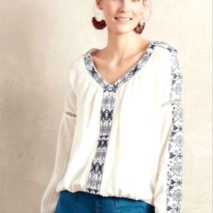 Anthropologie White and Blue Blouse